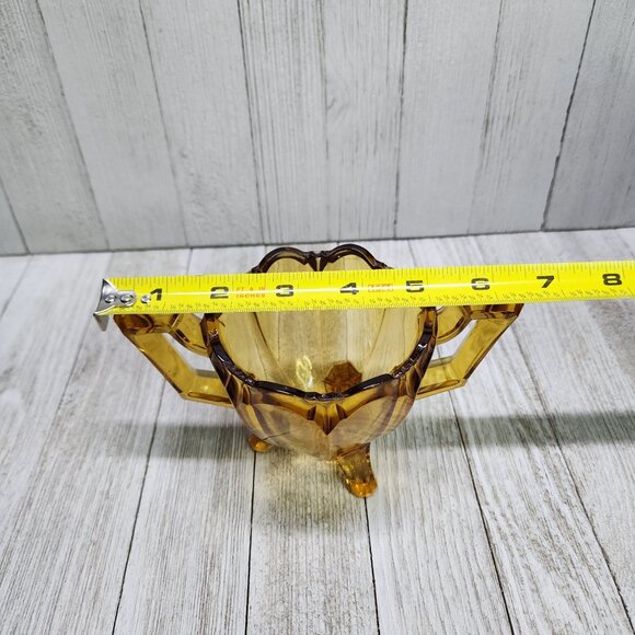 Vintage MCM Amber Pressed Glass Footed Crown Top Dish Bowl with Two Handle - Picture 8 of 9